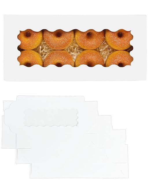 qiqee 50 Packs White Cookie Box with Window 12x5.5x2.5 Inch Two Uses Pastry Biscuit Bakery Box For Packaging