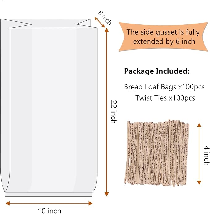 Large Bread Poly Bags,100 Pcs 22x6x10 Inch Bread Loaf Packing Bags with 100 Twist Ties,Clear Thick Gusseted Grocery Bakery Bag (Extra Large-22x6x10)