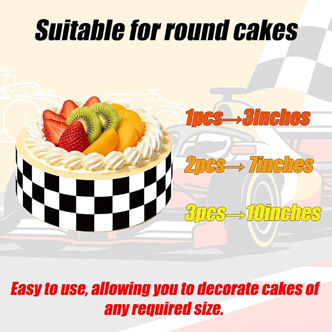 6Pcs Edible Cake Borders, 11x2.44in Black White Checkered Race Car Theme Birthday Cake Decorations Pre-Cut Rice Wrap Paper Strips Decor for Racing Theme Image Party