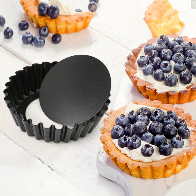 8 Pack Mini Tart Pans 4 Inch with Removable Bottom Round Nonstick Quiche Pan, 1.2 Inch Deep Mini Pie Pans with Oil Brush&Silicone Scrubber Heavy Duty for Baking Fruit Tarts, Dessert