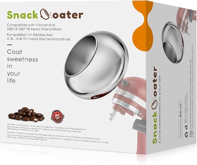 Aieve Snack Coater Compatible with KitchenAid Tilt-Head Stand Mixer, Chocolate Coating Attachment for Freeze-Dried Strawberries,Almonds,Pistachios & Nuts, Home & Commercial Use
