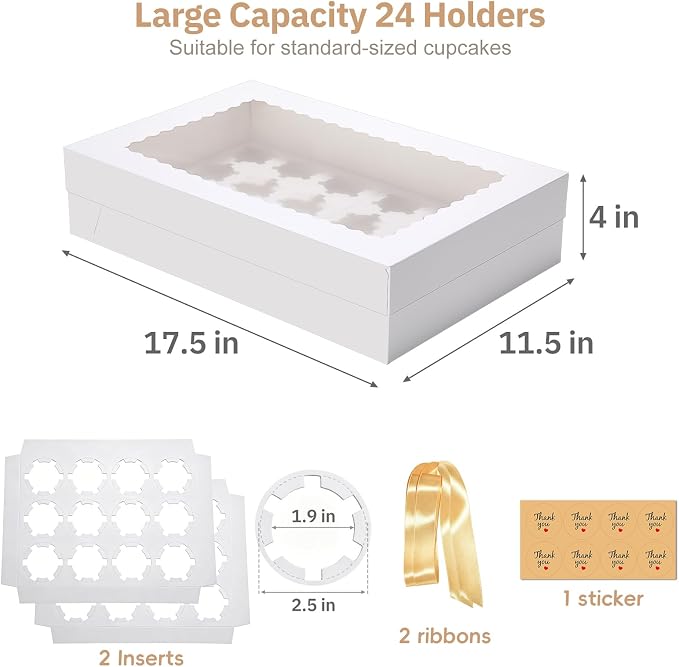 2 Pack 24 Count Standard Cupcake Boxes with Window & Inserts White | Cupcake Containers Bakery Box for Standard Muffins, Pastry Dessert for Birthday Party, Wedding, Baby Shower-17.5x11.5x4 Inch