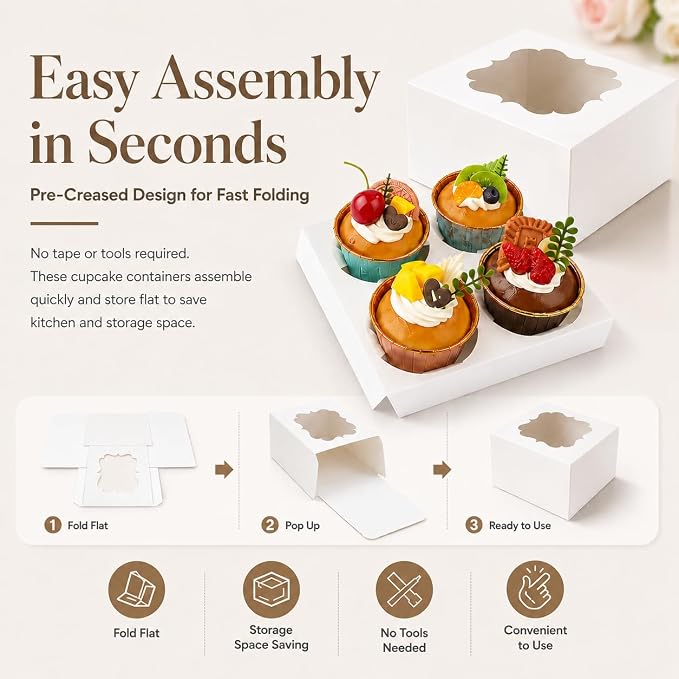 Cupcake Boxes with Window, 20 Pack 6.5x6.5x3 Inch Bakery Boxes for 4 Cupcakes, Muffins, Cookies & Pastries, Disposable Dessert Boxes with Insert Holder (White)