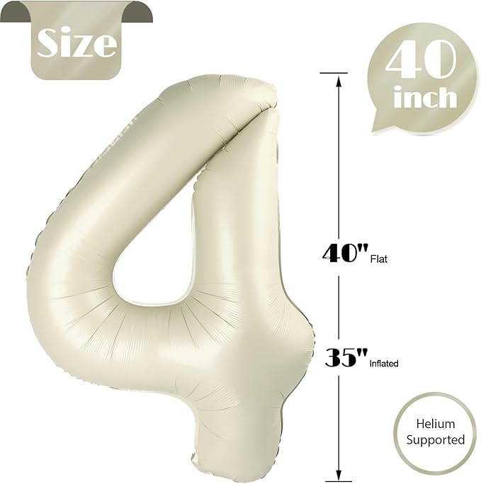 Cream 4 Balloon, Number Balloons 40 Inch, 4th Cream Party Decorations, Four Large Numbers for Party Decor, Number 4 Balloon