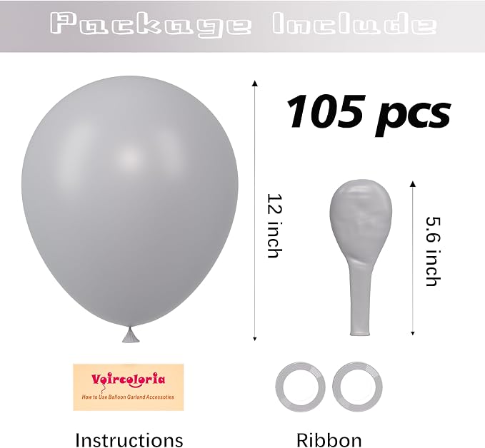 Voircoloria 105pcs Light Gray Balloons 12inch Party Latex Balloons for Boys Girls Birthday Baby Shower Gender Reveal Wedding Sunflower Party Decorations