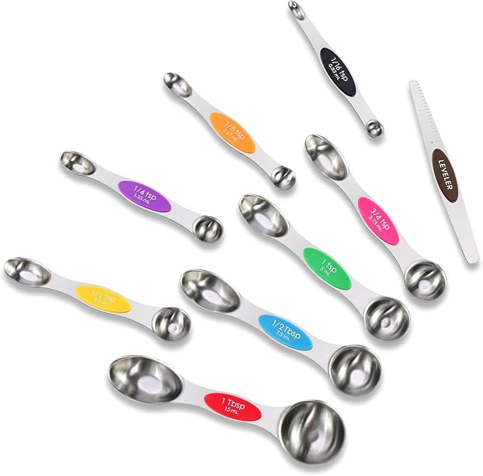 16-Piece Magnetic Measuring Cups and Spoons Set, Stainless Steel with Non-Slip Silicone Handles and Leveler, Essential Kitchen Baking Tools (Multicolor)