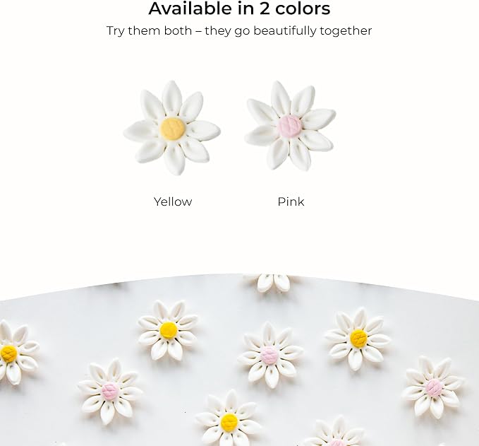 84 Count Edible Daisy Cake Decorations, Small Edible Flowers, White & Yellow Sugar Flowers, Daisy Cupcake Toppers for Cakes & Cupcakes, Edible Cake Decorations, Global Sugar Art (1 Inch)