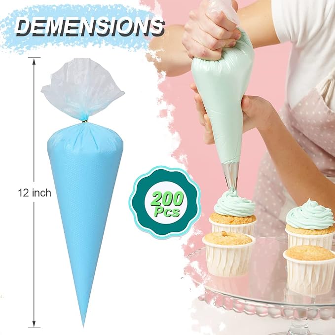 200pcs Disposable Icing Piping Bags - 12 Inch Pastry Bag Frosting Bags for Cake Cookies Baking Decorating - Plastic Tipless Piping Bags