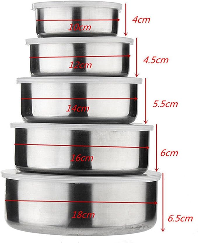 Stainless Steel Mixing Bowl Set of 5, Nesting Mixing Bowl with Clear Plastic Lid, Rice Soup Bowls Durable & Reusable, Food Container for Prepping Serving Storing