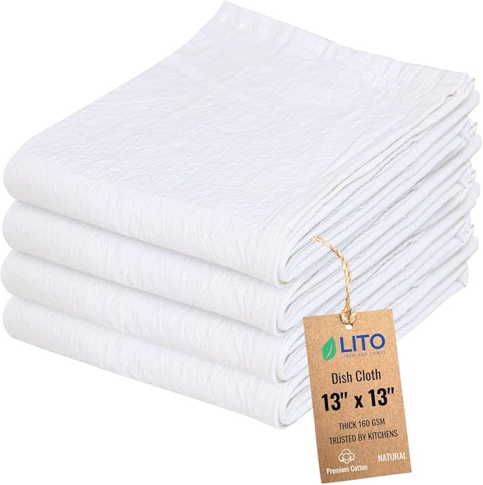 Dish Cloths Cotton| Kitchen Wash Cloth | Shop Towels Absorbent and Lint Free Flour Sack| Dishcloths for Kitchen Washing Dishes| Thick Absorbent Quick Dry Dish Rags | 4 Pack 13"x13" Natural