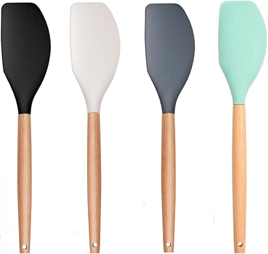 LorisArm Large Wooden Handle Spatula Set, 12" Rubber Spatula 4-Pack Nonstick Silicone Spatulas for Baking Cooking and Mixing, Jar Scraper (Grey, Green, White, Black).