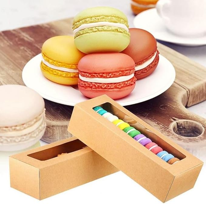 Hewnda 50Pack Kraft Macaron Boxes with Clear Window,Gift Packaging for 5 to 7 Macarons, Perfect for Cookies, Chocolates, Candies, Desserts (Brown)