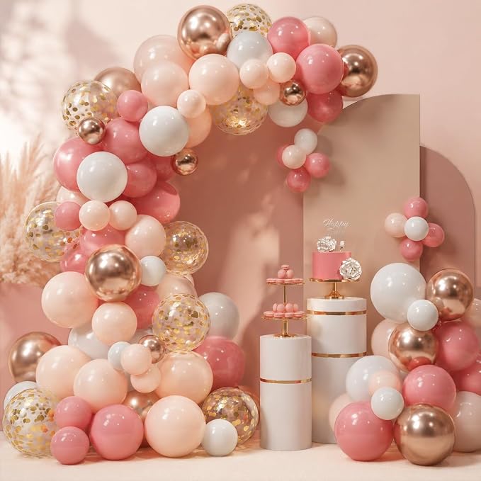 Dusty Blush Pink and Gold Balloon Arch Kit, Cream Rose Pink Balloon Garland Kit with Metallic Champagne Gold and Confetti Balloons, Beige Boho White Balloons for Wedding Bridal Birthday Decorations