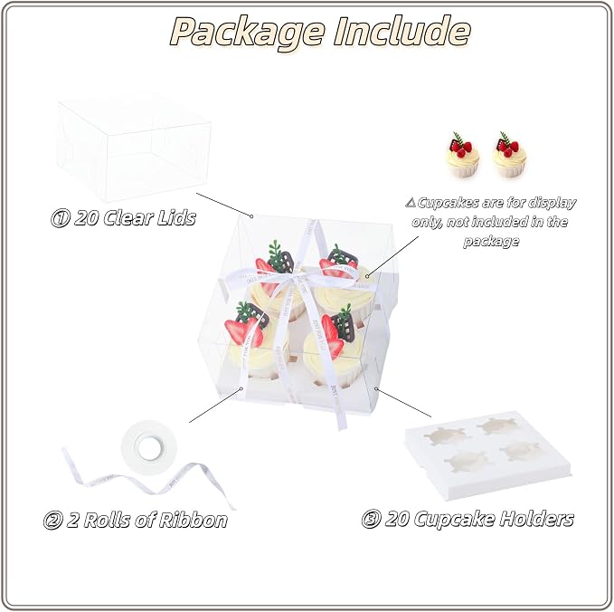 20 Packs Clear Cupcake Boxes 4 Count Cup Cake Holder Containers for Treat Dessert Cookies Muffins plastic Cupcake Carrier with Gift Ribbon Packaging for Party Baking Wedding