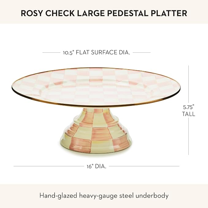 MACKENZIE-CHILDS Enamel Pedestal Platter, Round Cake Stand, Large, Pink-and-White Rosy Check
