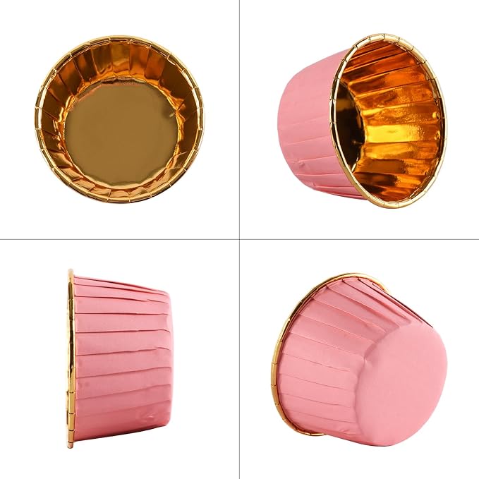 Party Hippo Cupcake Cups, 3.5 Oz 100 pcs Disposable Foil Muffin Liners, Gold Baking Cups, Ramekin Aluminum Cupcake Tip Pan Ramekin Holders, Little Baking Cups (100, Pink)