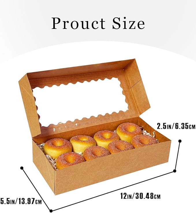 qiqee Auto-pop up 12x5.5x2.5 Inch Brown Cookie Box with Window 30Pcs Pastry Macaron Bakery Box For Packaging