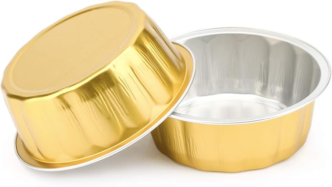 Beasea Disposable Ramekins with Lids, 8oz 100 Pack Golden Aluminum Foil Cups Disposable Creme Brulee Muffin Cupcake Baking Cup Mini Pudding Cups for Party Wedding Birthday