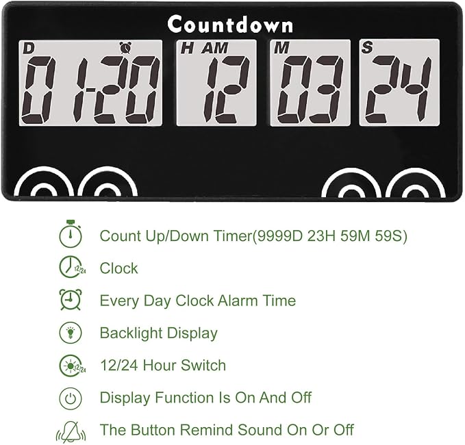 Yooreal Digital 9999 Days Countdown Days Timer Clock,Retirement Countdown Timer,Magnet Design,Loud Alarm,Tracks Wedding Vacation Working Cooking Baby Birth (Black)