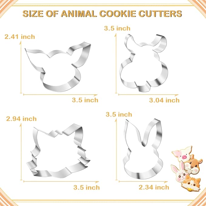 4 Piece Animal Cookie Cutters, 3.5" Large Cute Cookie Cutters Set with Hamster, Cat, Pig, Rabbit for Animal Birthday Party Supplies