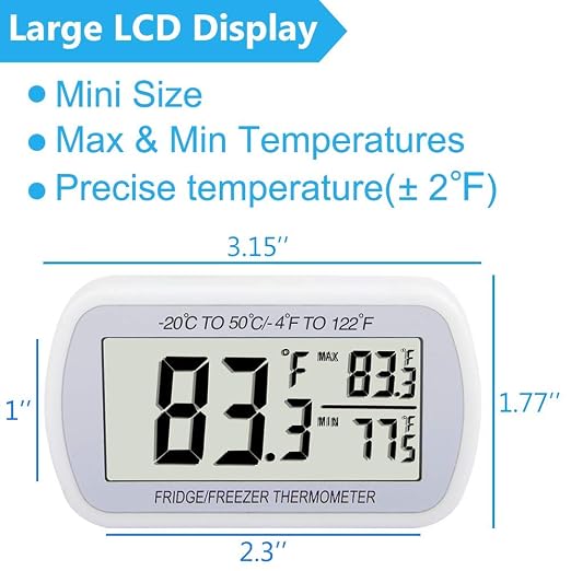 4 Pack Digital Refrigerator Thermometer Fridge Freezer Room Thermometer Waterproof Large LCD Display Max/Min Record Function, White