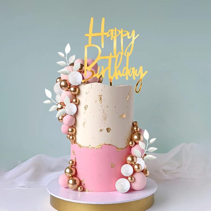 Pink Balls Cake Topper Boho Grass Cake Topper Pink White Gold Pearl Balls Happy Birthday Cake Decorations for Wedding Birthday Boho Themed Supplies (Pink)