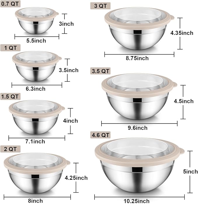 E-far Stainless Steel Mixing Bowls with Airtight Clear Lids Set of 7, Metal Nesting Bowls for Kitchen Prep, Baking, Cooking, Serving, Salad, Dishwasher Safe, Size 4.6, 3.5, 3, 2, 1.5, 1, 0.7QT, Khaki