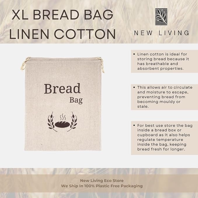 New Living 100% Organic Linen Bread Bag Extra Large | 1 x Reusable Bread Bags | Food Storage Bag | Bread Storage Bags | 44x35 cm | Eco Bread Bag