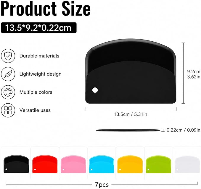 7-Pack Bench Scraper for Bread, Plastic Flexible Kitchen Dough Scraper Plastic BenchScraper for Bread Dough Cake Fondant Icing (White, Black, Yellow, Sky Blue, Green, Pink, Red)