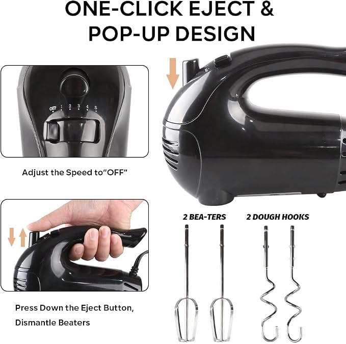 Electric Hand Mixer with Whisk&Dough Hook -5 Adjustable Speed Kitchen Mixer, One-Touch Eject Hand Blender Portable Handheld Mixer for Baking, Blending or Cooking