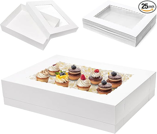 Mefleet 25pcs 19x14x5 Half Sheet Cake Boxes with Window Rectangle 1/2 Sheet Bakery Boxes for Pastry Baking Cake, Cupcakes, Donuts, Cookies, Pie Treat Packaging White Large