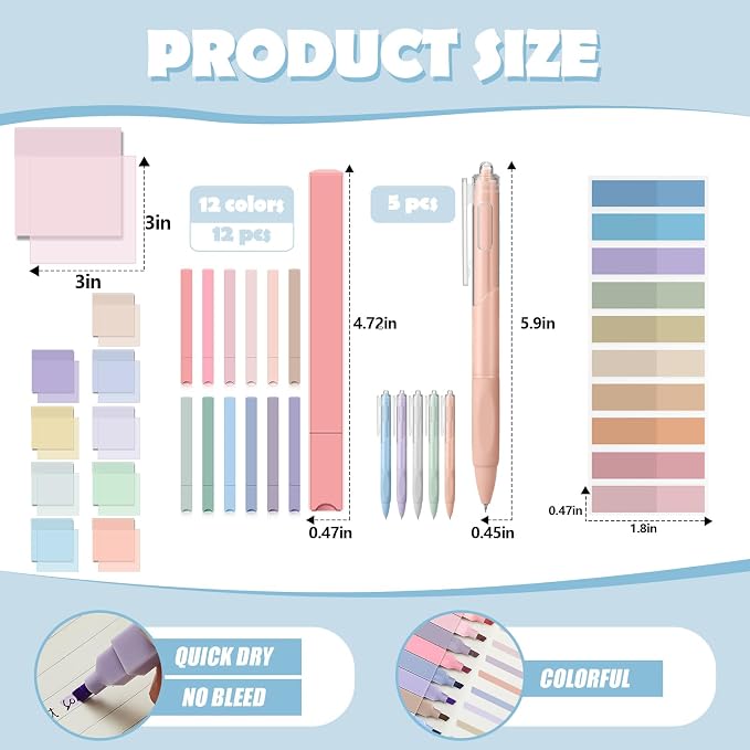 Jutom 39 Pcs Aesthetic Book Annotation Kit Highlighter with Case Bag Gel Pen Transparent Sticky Note Taking Bible Supplies(Green,Cute Style)