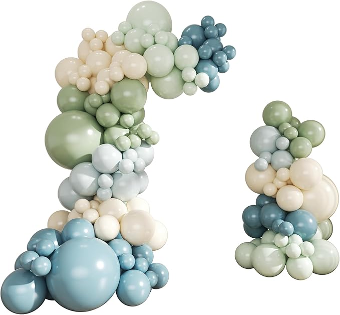 Dusty Blue Sage Green Balloon Arch Kit, 124Pcs Fog Blue Light blue Green Sand White Balloons Different Size for Baby Shower Bridal Shower Anniversary Birthday Party Decorations