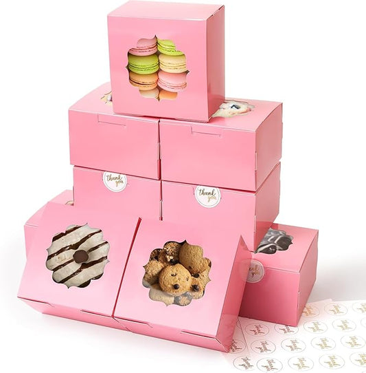 4-Inch Small Cookie Boxes 25 Pcs Pink - Bakery Treat Boxes with Window for Barbie Favor To-go Containers for Cake Slice, Macarons, Donuts 4x4x2.5
