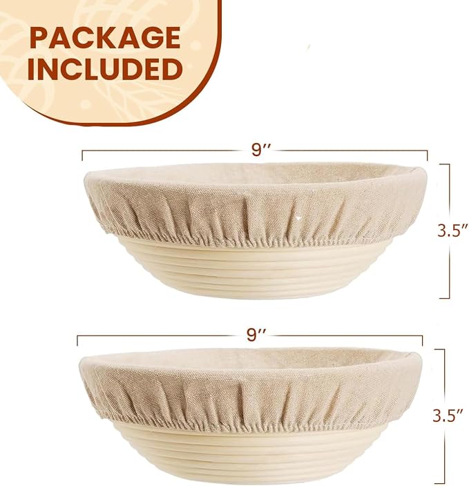 Banneton Bread Proofing Basket, 2 Pack 9-Inch Round Sourdough Proofing Baskets With Linen Liner for Bread Baking, Round Rattan Dough Rising Bowl for Homemade Artisan Loaves