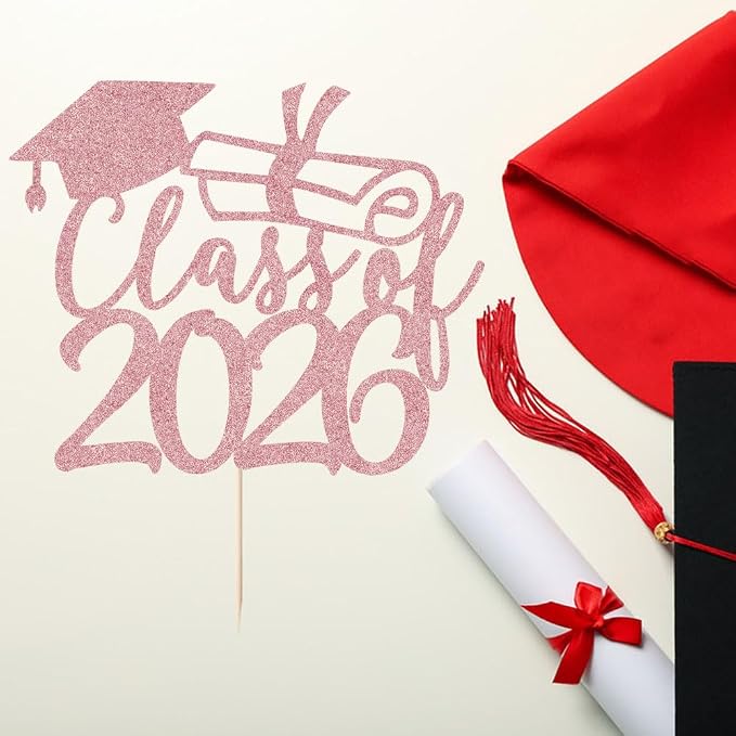 Gold Class of 2026 Congrats Grad Cake Topper Glitter Graduation Party Supplies - High School College Graduates -College Graduate Cake Topper Decorations (Rose gold)