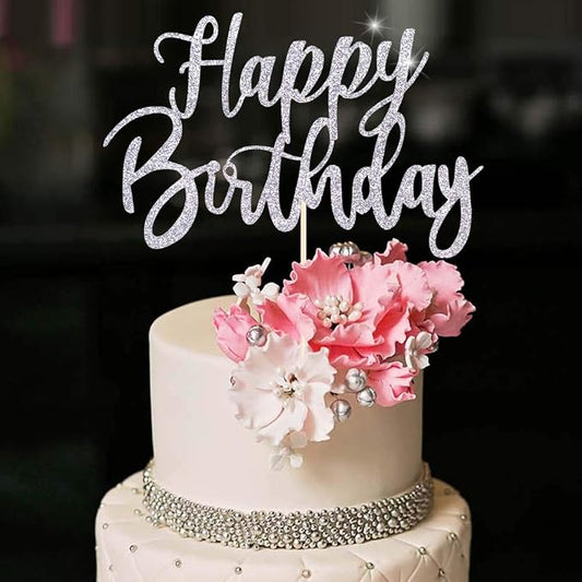 Handmade Glitter happy birthday Cake Topper, Happy Birthday Cake Bunting Decor, Party Decoration Supplies (Silver)