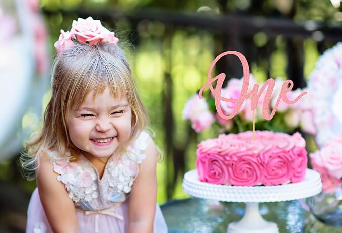 MYAMPED First Birthday Cake Topper - Glitter Pink 'One' Sign, Suitable for Shower Favors, Gender Reveal, Party or Photo Booth Props