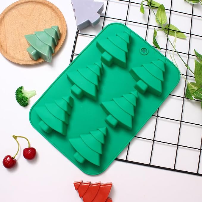 6 Cavities Silicone Cookies Biscuit Mold, Christmas Halloween Candy Mold, Reusable DIY Baking Mold Jelly Chocolate Mold, Ice Cube Tray Wax Melt Molds(Set of 2 Green Christmas Trees)