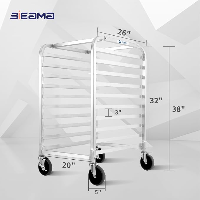 BIEAMA 10-Tier Full Size Sheet Pan Rack, NSF Aluminum Bun Pan Rack | Bakery speed Rack for Home Commercial Kitchen Bakery Cooling, 4 Wheels