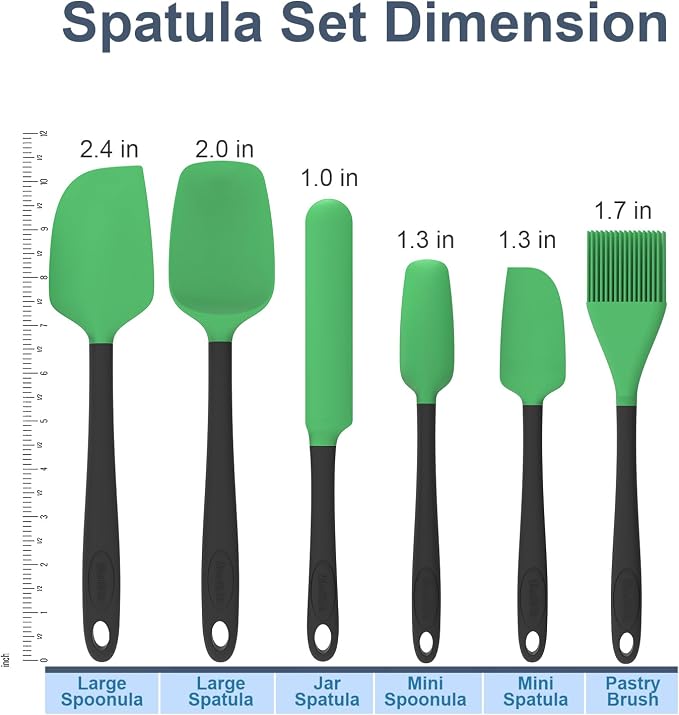 Silicone Spatula Set, 6 Pieces Food Grade Kitchen Utensils with Silicone Brush Heat Resistant Dishwasher Safe BPA-free Rubber Spatula for Scraping, Baking, Cooking, Mixing (Green)