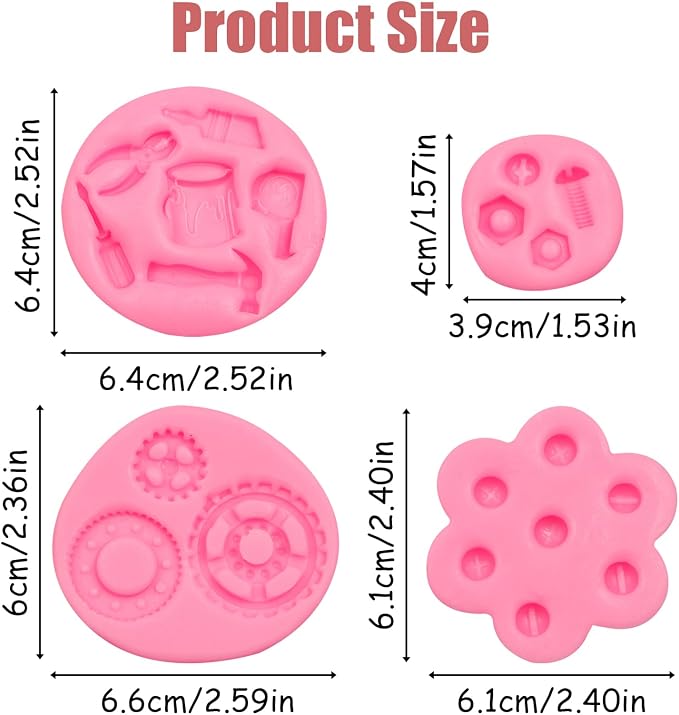 Hand Tools Silicone Mold 4 Pcs, Construction Tools Fondant Molds Gears Screw Nut Candy Molds for Chocolate Cake Decoration Cupcake Topper Cake Polymer Clay Crafts Epoxy Resin