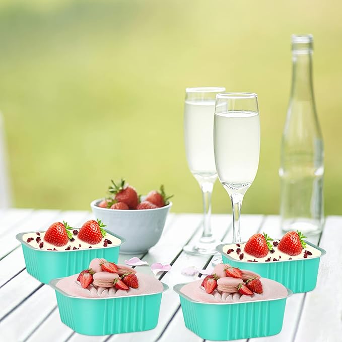 LNYZQUS Mini Cake Pans with Lids and Spoons,10oz Disposable Small Foil Baking Tins,40 Pack Individual Cake Containers for Home Bakers Bake Sales-Cyan Blue,4x4 Square