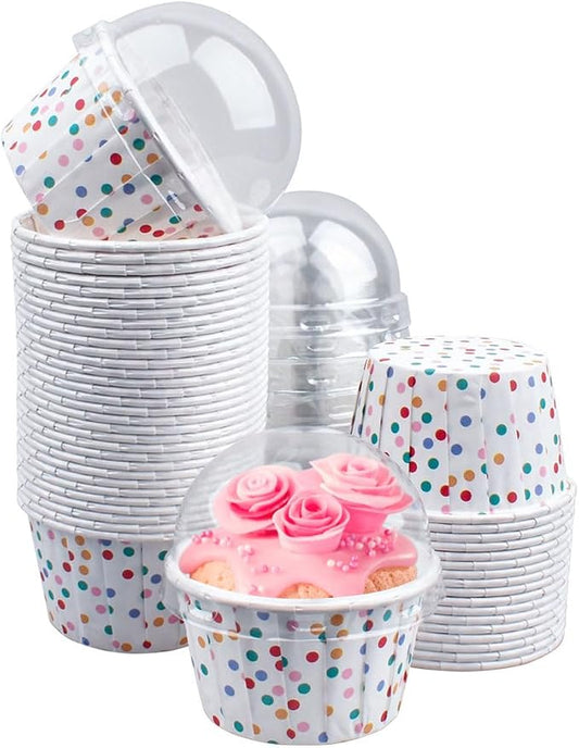 50 Pack Cupcake Cups with Lids, Foil Cupcake Muffin Liners Wrappers, Disposable Muffin Baking Cups Tins, Mini Cake Pans Containers Holder for Wedding Birthday Party