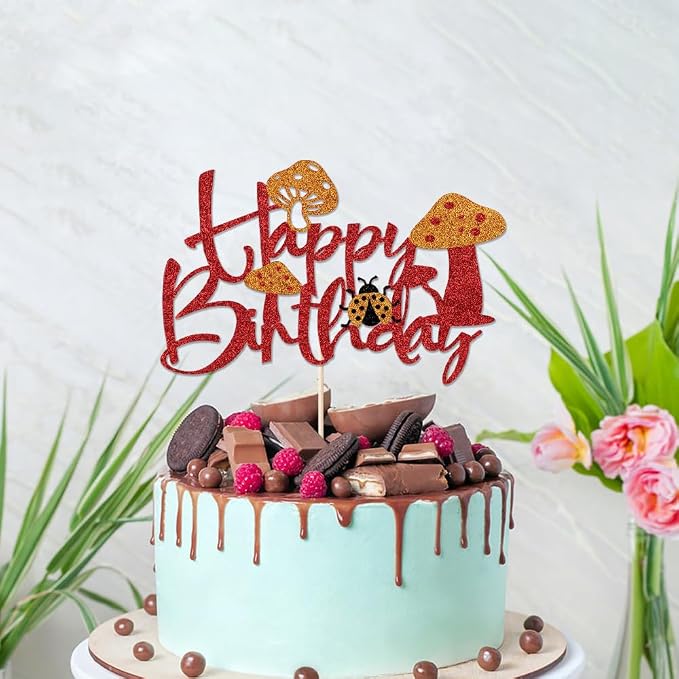 Mushroom Happy Birthday Cake Topper，Forest Theme Party Decoration，Happy Garden Party/Mushroom Theme Cake Topper Decoration Supplies (Mushroom1)