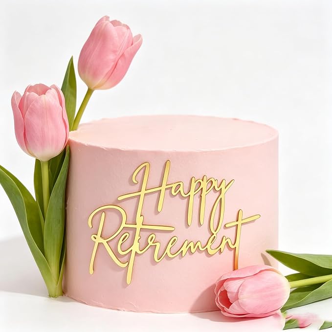 Happy Retirement Cake Topper, Gold Acrylic Officially Retired Cake Topper Cake Charm Decor, No Work Zone, Retirement Theme Party Cake Decoration Supplies for Women or Men, 5.1x4.0 Inches