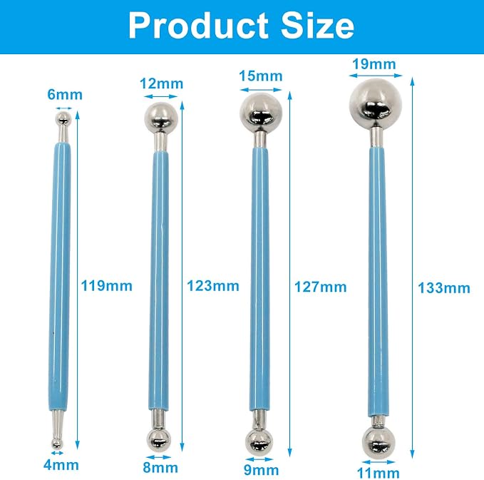 4Pcs Blue Ball Shaped Cake Dotting Tool, 8 Head Fondant Ball Tool Stainless Steel Modeling Ball Tool, Metal Ball Mold Tool for Cake Decoration, Sculpting, DIY