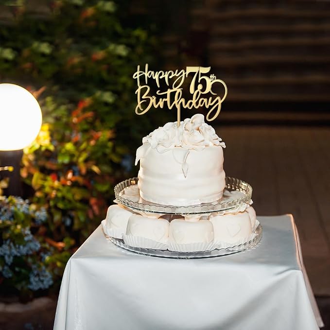 Happy 75th birthday cake Topper,Mirrored Gold Acrylic Durable Cake Topper,75th Birthday Party Cake Decorations,Hello 75th years old, seventy-five Anniversary,Birthday Party Decorations