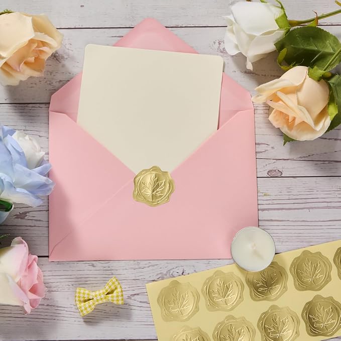 300 Pieces Embossed Gold Foil Stickers, Gold Maple Leaves | For Envelopes, Wedding Invitations, Christmas Greeting Cards