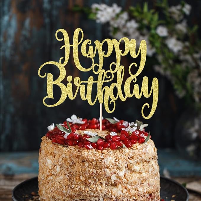 Happy Birthday Cake Topper- Glitter Happy Birthday Cake Decor, Handmade Anniversary/Birthday Party Supplies (Gold)